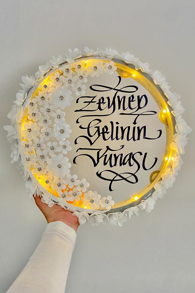 Beyaz Ledli Şeffaf Gelin Tefi 32cm 3d Çiçek Parlak Taş İncili Düğün Kına Nedime Bride Parti Defi