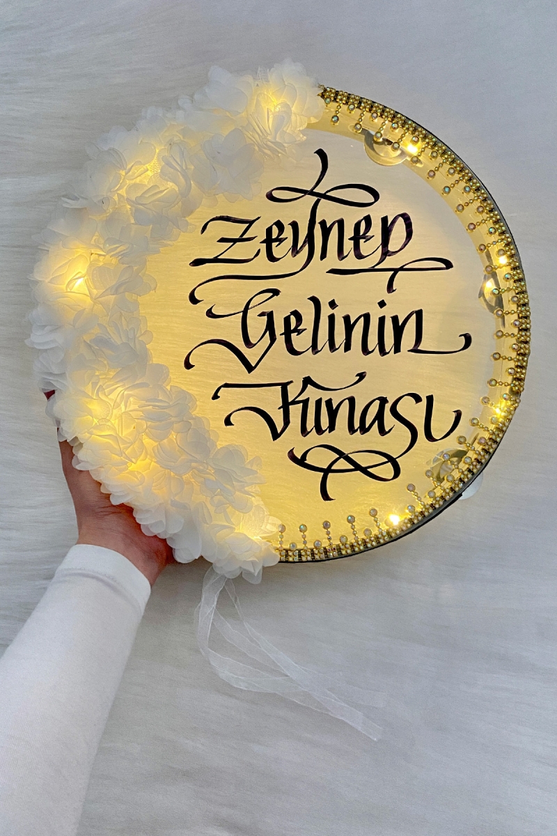 Beyaz Ledli Şeffaf Gelin Tefi 32cm 3d Çiçek Parlak Taşlı Düğün Kına Nedime Bride Parti Defi