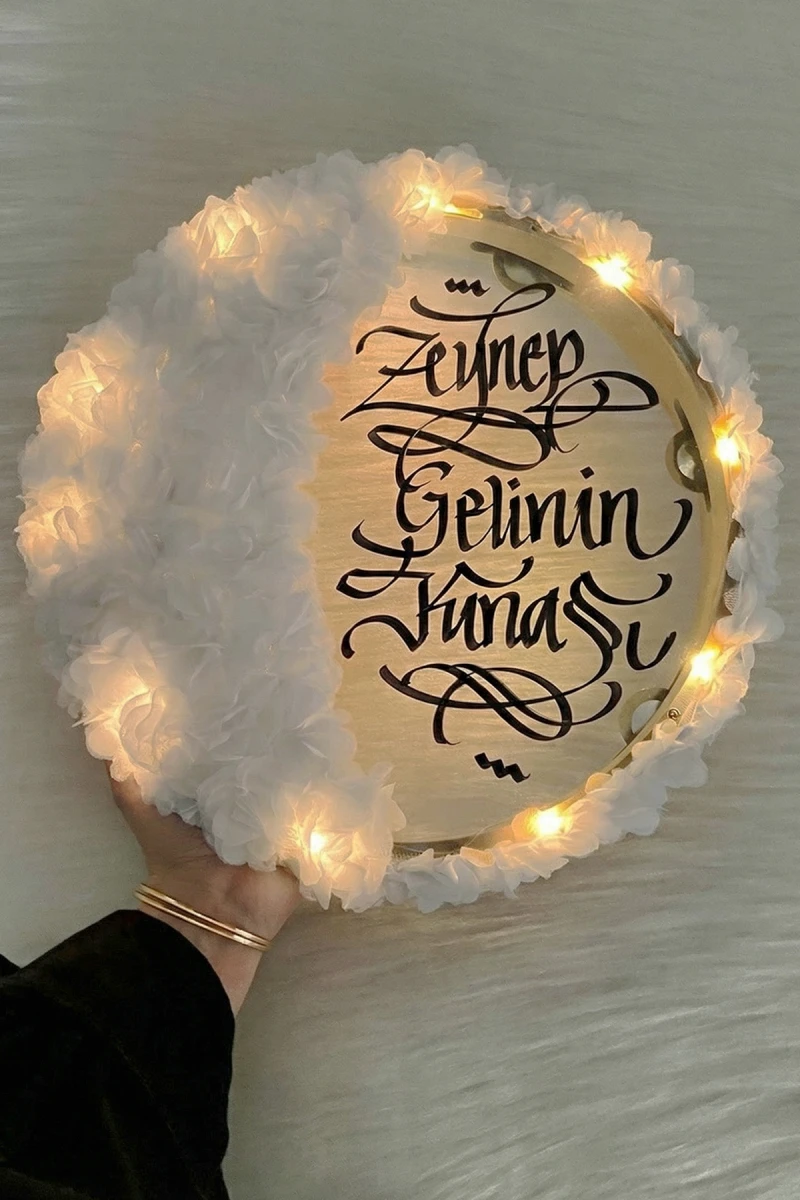 Beyaz Ledli Şeffaf Gelin Tefi 32cm, 3d Çiçek Süslemeli, Düğün Sünnet Kına Nedime Bride Parti Defi