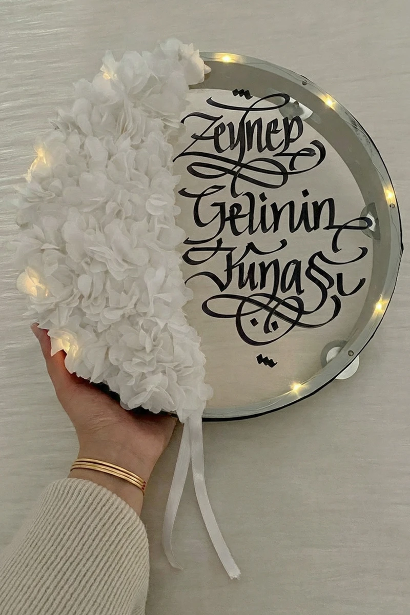 Beyaz Ledli Şeffaf Gelin Tefi 32cm, 3d Çiçek Süslemeli, Düğün Sünnet Kına Nedime Bride Parti Defi
