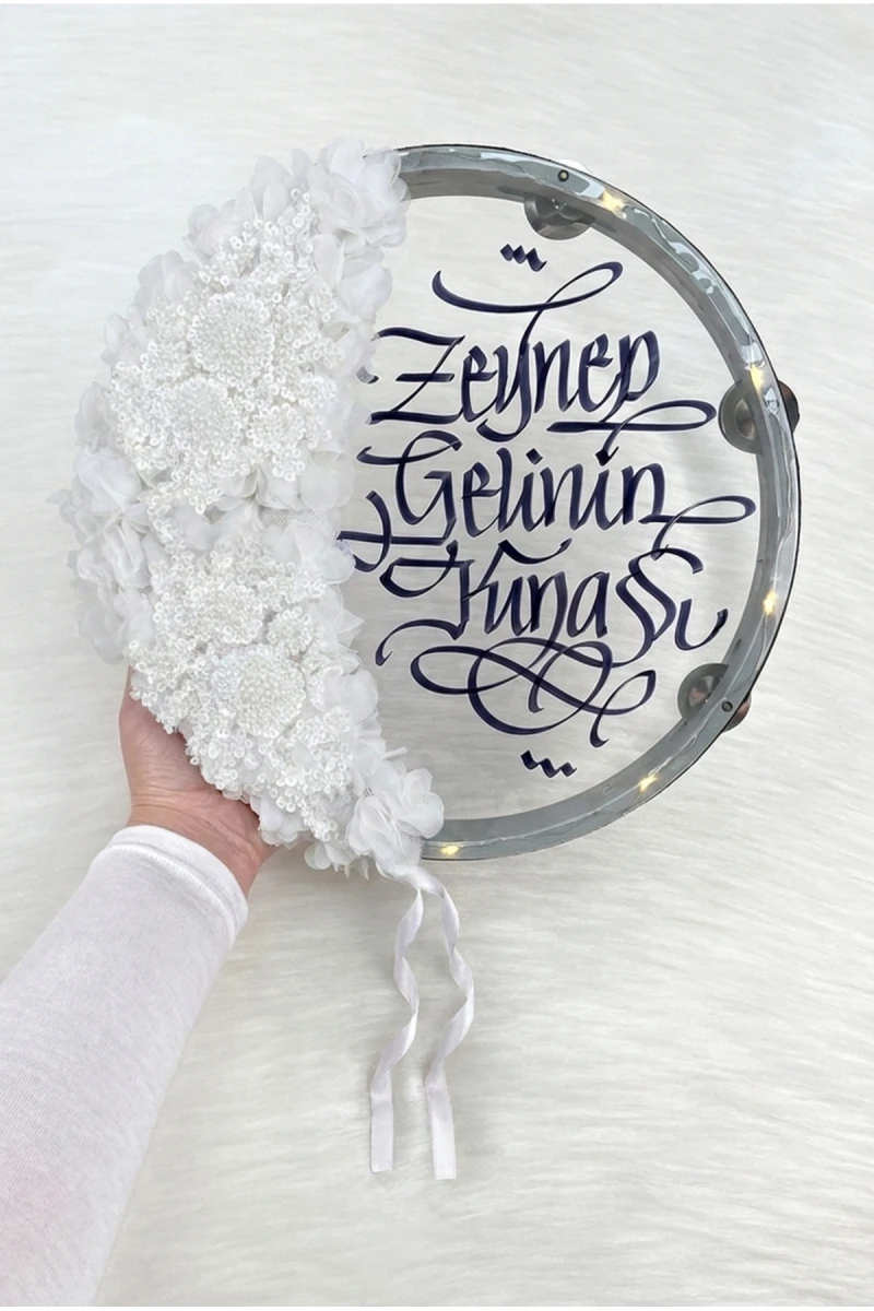 Beyaz Ledli Şeffaf Gelin Tefi 32cm, Işıl Işıl Vip Güpürlü Ve 3d Çiçek Süslemeli, Düğün Sünnet Kına Nedime Bride Parti Defi