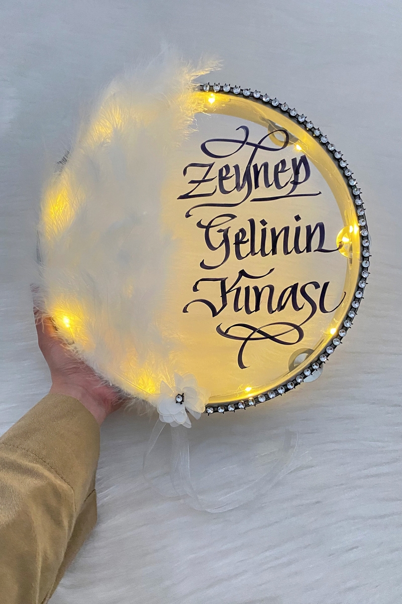Beyaz Ledli Şeffaf Gelin Tefi 32cm Tüylü 3d Çiçek Saten Kurdele Düğün Kına Nedime Bride Parti Defi