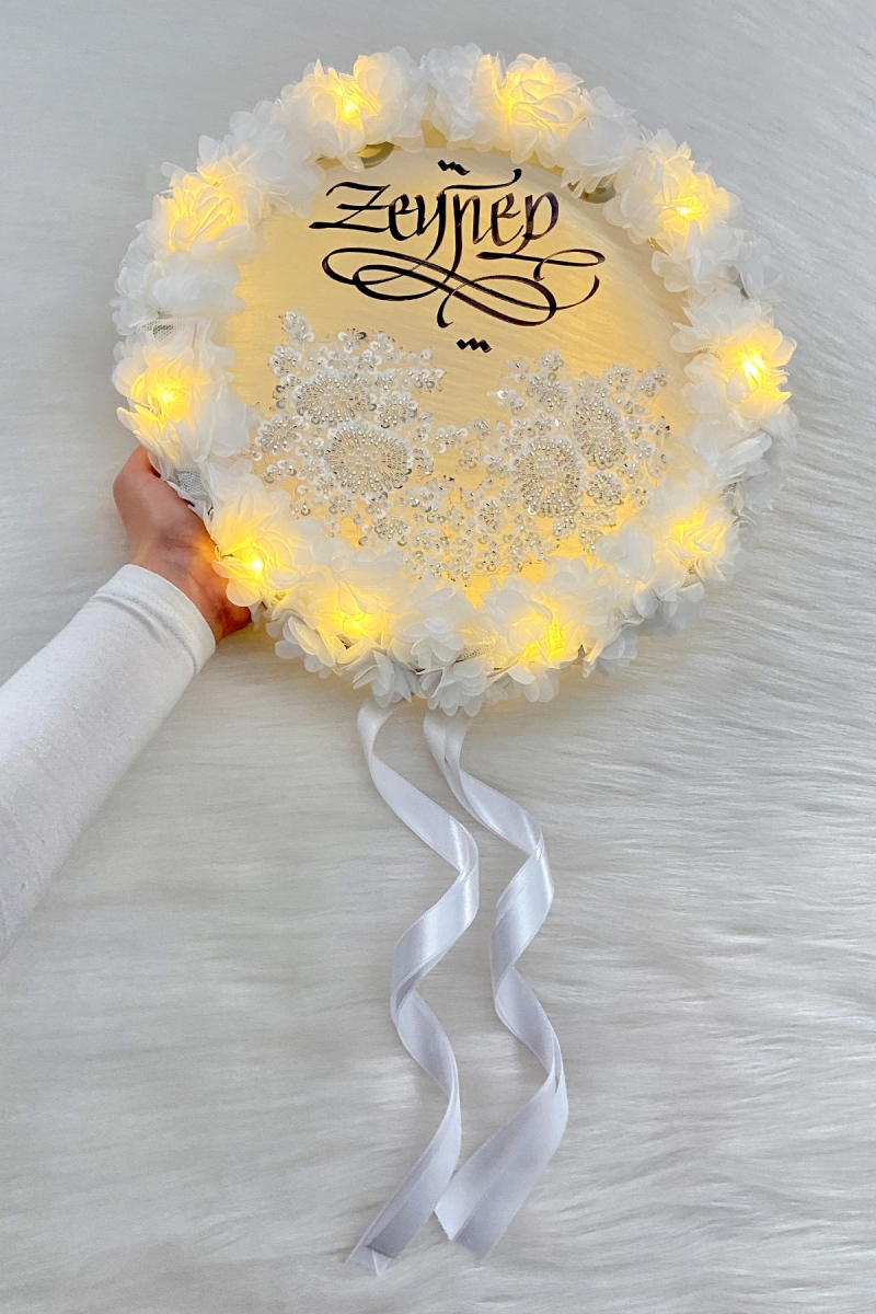 Beyaz Ledli Şeffaf Kaligrafi Gelin Tefi 32cm Vip Güpürlü Ve 3d Çiçek Düğün Kına Nedime Bride Parti