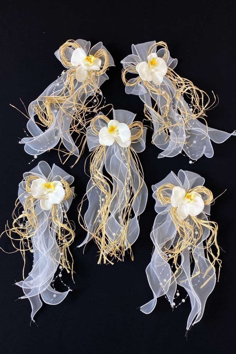 Beyaz Orkide Bohça Süsü, Gelin Damat Çeyiz Düğün Nikah Nişan Konvoy Sünnet Kına Süsü 5 Adet