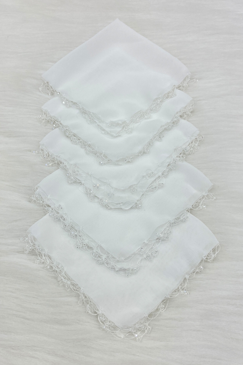 Beyaz Kristal Cam Boncuklu Gelin Damat Mendili, 1 Adet, Düğün Kına Sünnet Nişan Halay Nedime Hediye