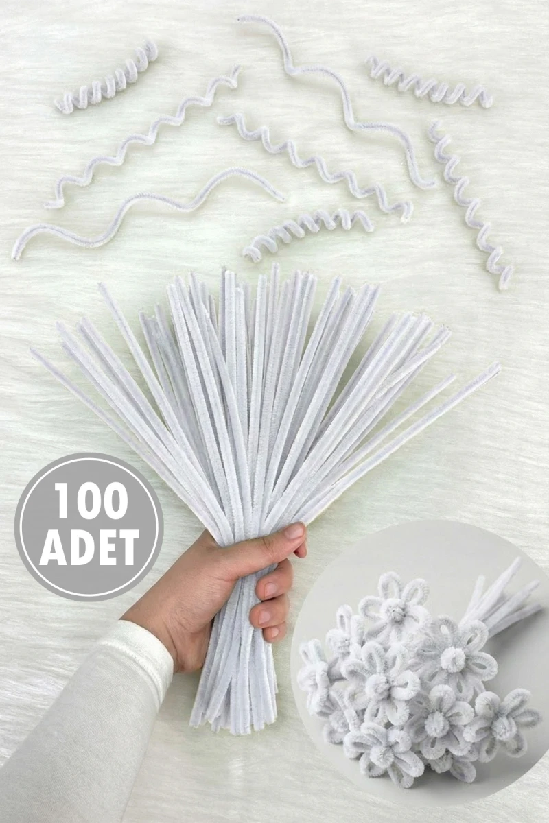 Beyaz Şönil 30cm, 100 Adet Tüylü Kadife Tel Peluş, El İşi, Çiçek, Hediye, Süsleme, Okul, Etkinlik