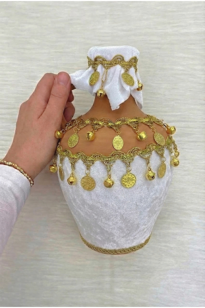 Beyaz Testi, Kadife Gold Zilli Ve Pullu Süslü Gelin Kına Gecesi Testisi, Düğün Küpü, Toprak Testi
