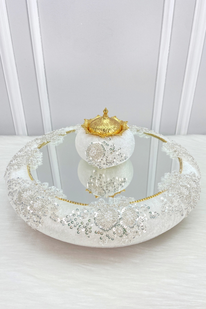 Beyaz Vip Aplikli Aynalı Kadife Kına Gecesi Tepsisi Gelin, Nişan Nikah Düğün Söz Sünnet