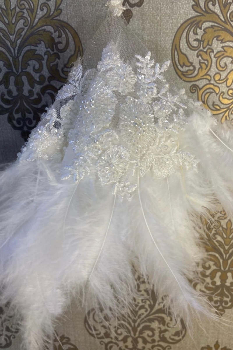 Beyaz Vip Deluxe Gelin Mendili, Boncuk İnci Pul Detaylı Lüks Güpürlü