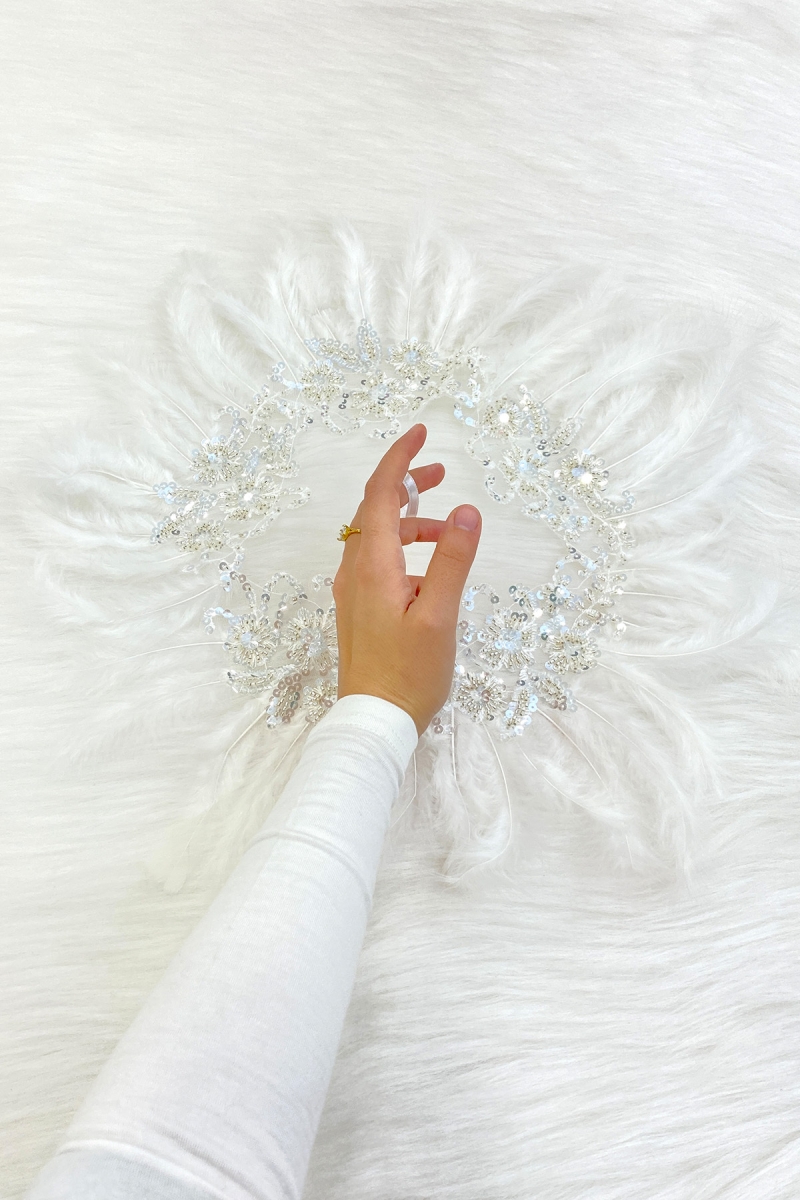 Beyaz Vip Gelin Mendili, Boncuk İnci Pul Tüy Detaylı Lüks Aplikli Damat Düğün Kına Sünnet Nişan