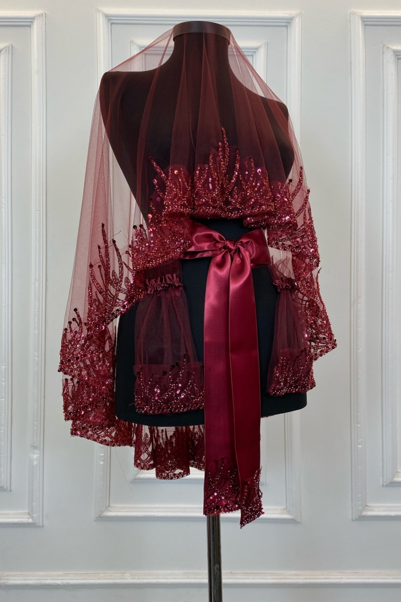 Bordo Alev Desen Gelin Duvak Seti, Pullu Boncuklu Su Taşlı Kına Duvağı Seti 6 Parça