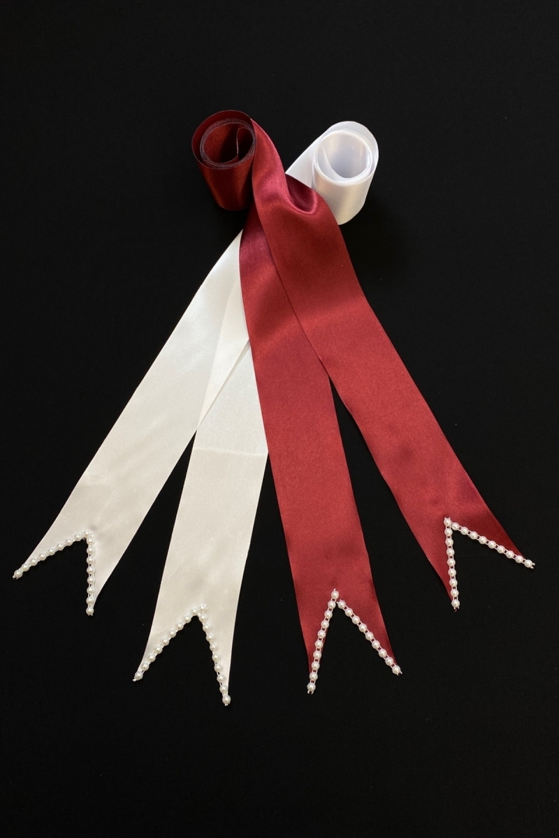 Bordo Beyaz Sade Incili Gelin Damat Takı Kurdele, Nişan Düğün Takı Kemeri