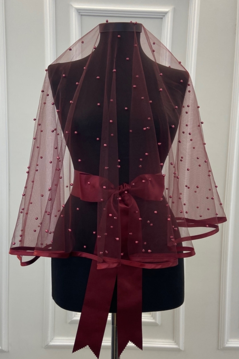 Bordo Biyeli Bol İncili Gelin Duvak Seti