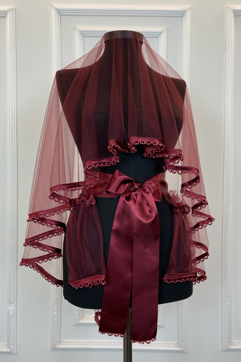 Bordo Biyeli Ucu Boncuklu Gelin Duvak Kuşak El Gülü Eldiven Set Kına Gecesi Yüz Örtüsü 6 Parça