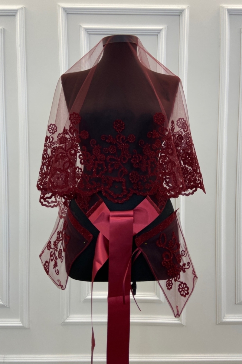 Bordo Çiçek Desen Flok Baskı Simli Gelin Duvak Kuşak Eldiven Set