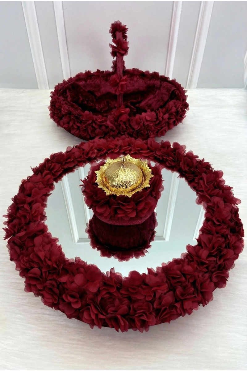 Bordo Çiçekli Aynalı Kadife Kına Gecesi Tepsi Sepet Gelin Takımı, Nişan Nikah Düğün Söz Sünnet