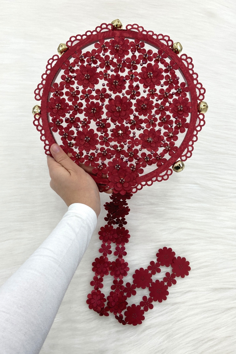 Bordo Çiçekli Parlak Taşlı Gelin Tefi, Düğün Kına Söz Sünnet Bekarlığa Veda Bride Zilli 25cm, 1 Adet