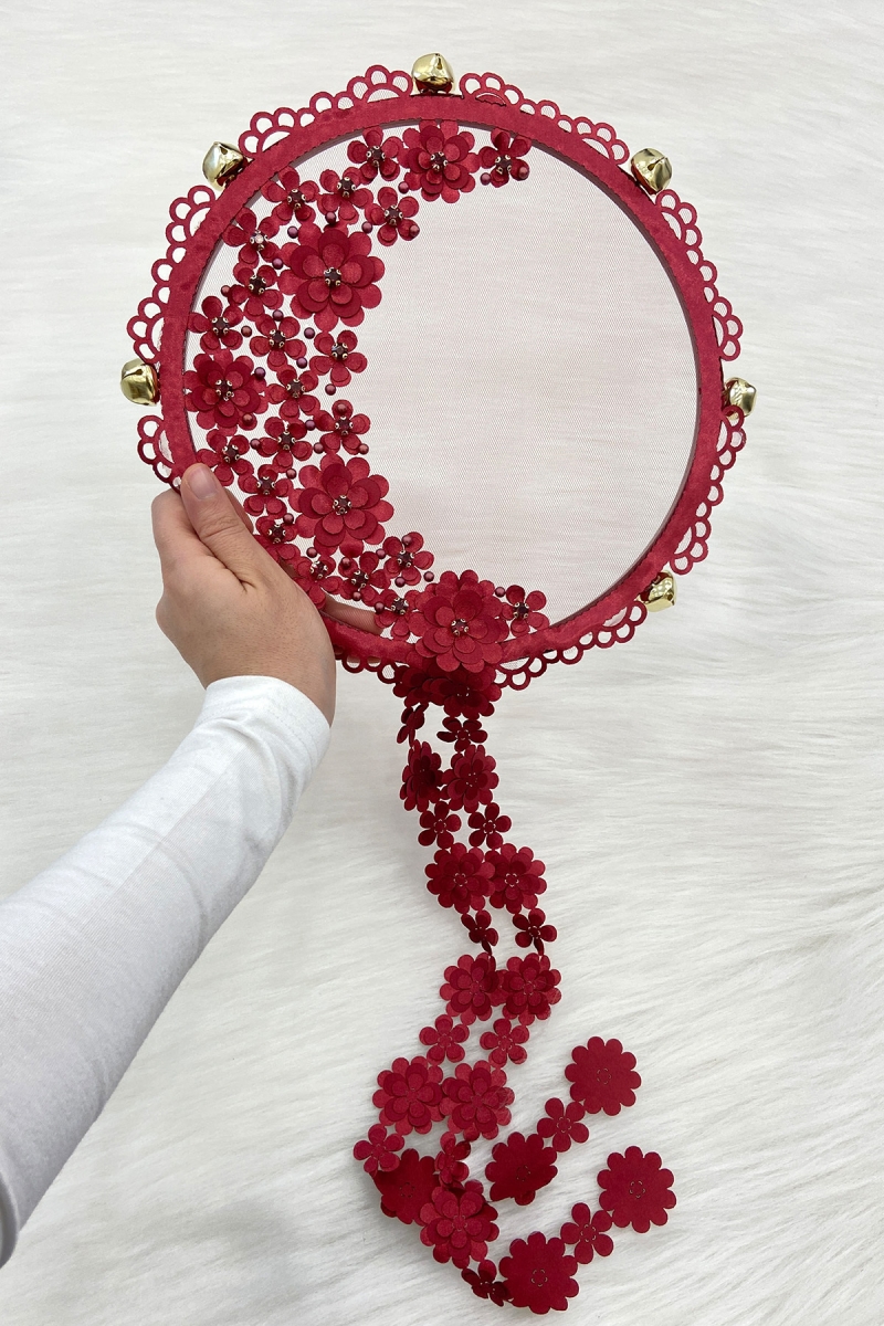 Bordo Çiçekli Parlak Taşlı Gelin Tefi, Düğün Kına Söz Sünnet Bekarlığa Veda Bride Zilli 25cm, 1 Adet