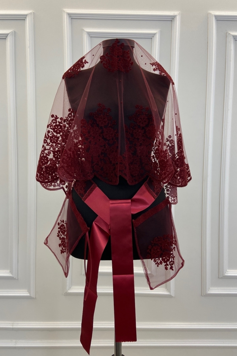 Bordo Çift Desen Flok Baskı Simli Gelin Duvak Kuşak Eldiven Set