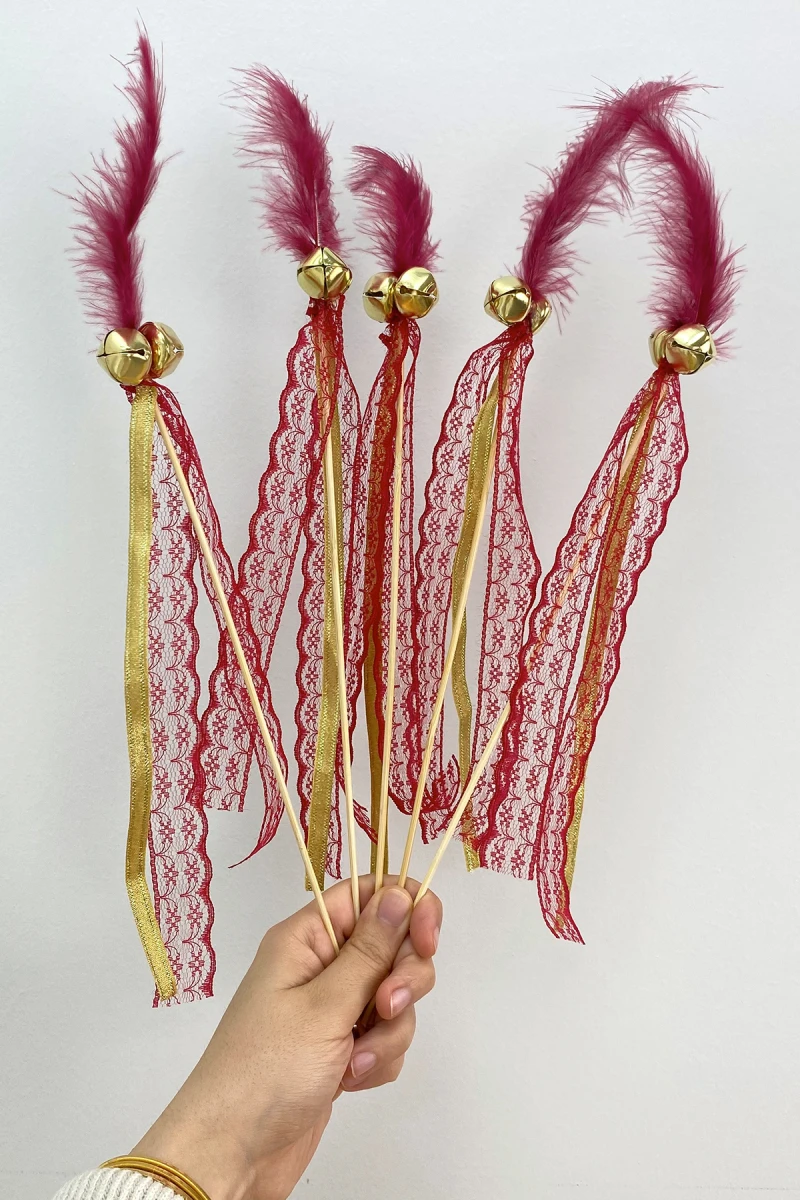 Bordo Çubuk Nedime Zili Tüylü, Düğün, Kına Gecesi; Sünnet, Bride, Tüy Kurdele Süslemeli 10 Adet