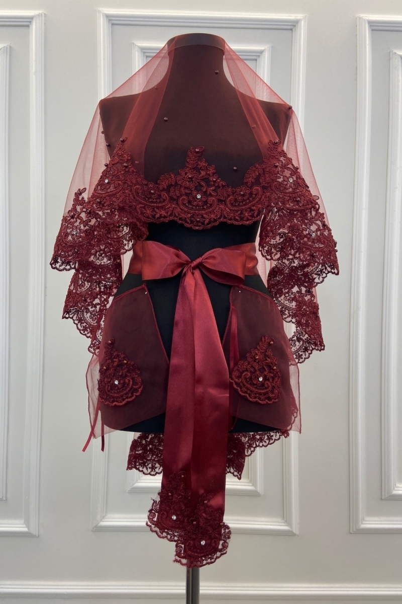 Bordo Dantelli Parlak Taş Ve Inci Süslemeli Gelin Duvak Seti Alı, Kına Gecesi, Düğün