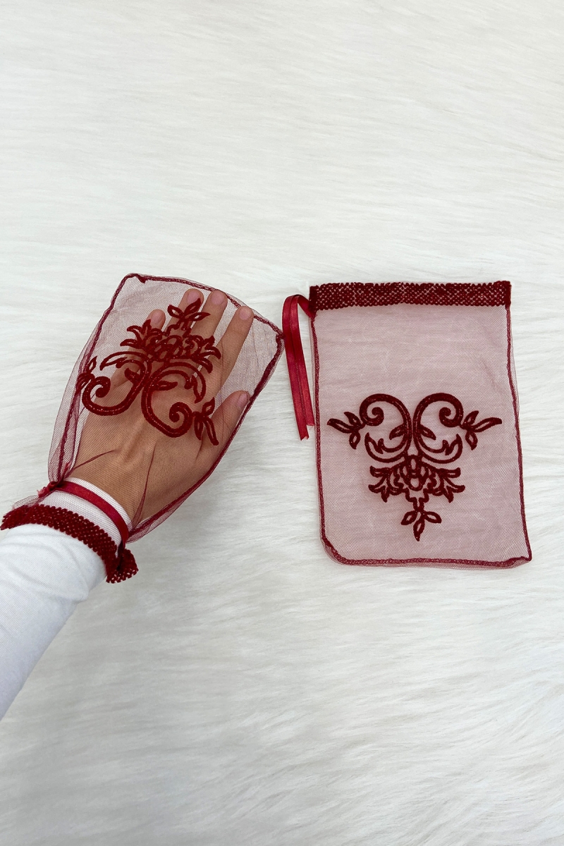 Bordo Flok Baskılı Gelin Eldiveni, Düğün Kına Gecesi Söz Nişan Bekarlığa Veda Nikah Bride