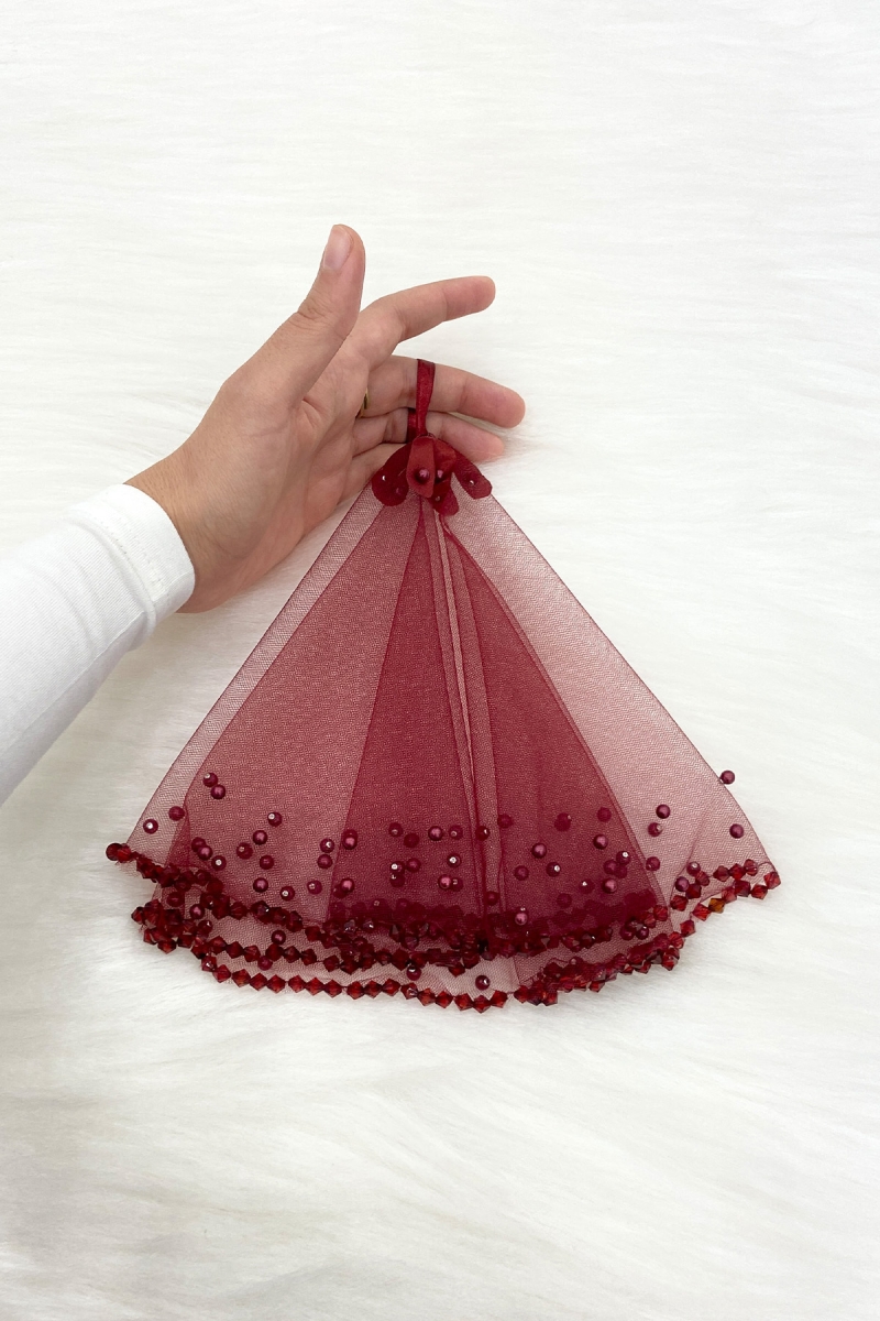 Bordo Gelin Damat Halay El Mendili, Kristal Boncuk Ve Incili, Düğün Kına Sünnet Nişan Söz