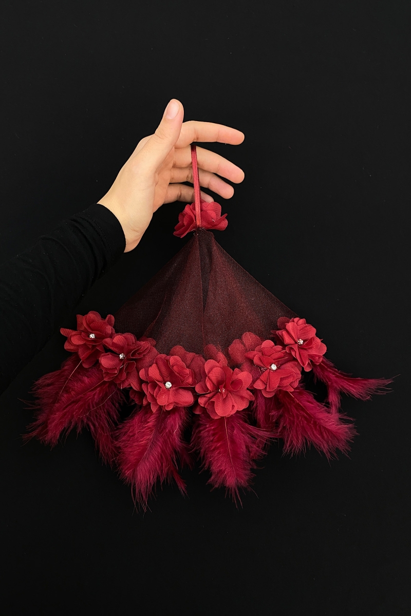 Bordo Gelin Damat Halay Mendili, Üç Boyutlu Çiçek Ve Tüy Süslemeli, Düğün Kına Nişan Sünnet Bride