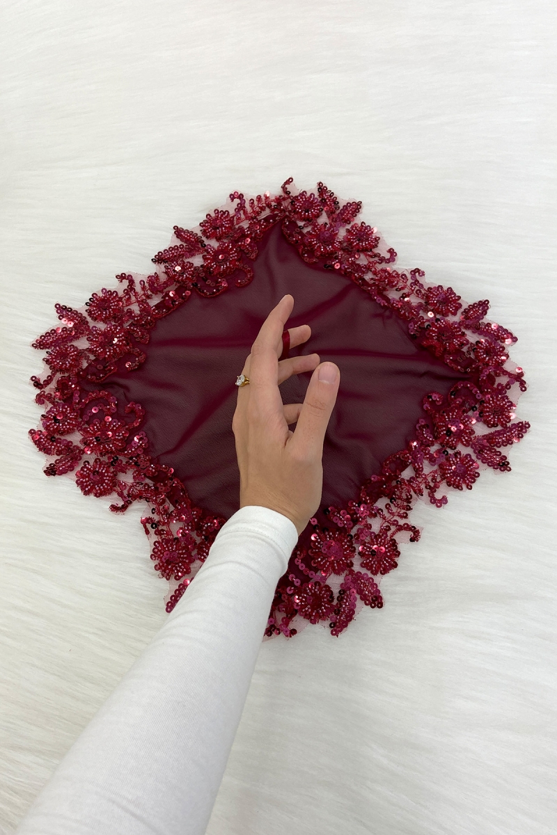 Bordo Gelin Damat Mendili, Halay El Mendili, Pullu Boncuklu, Düğün Kına Sünnet Söz Nişan