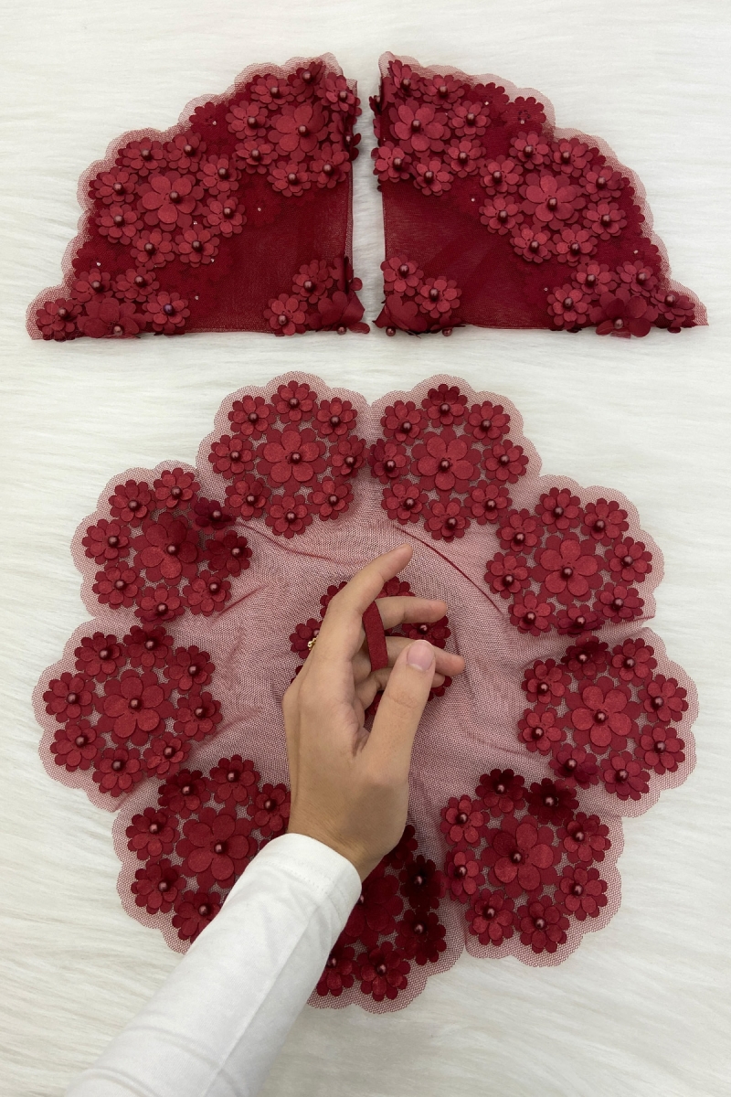 Bordo Gelin Damat Mendili, İnci Detaylı Düğün Halay Nedime Söz Nişan Kına Sünnet Bride Mendil