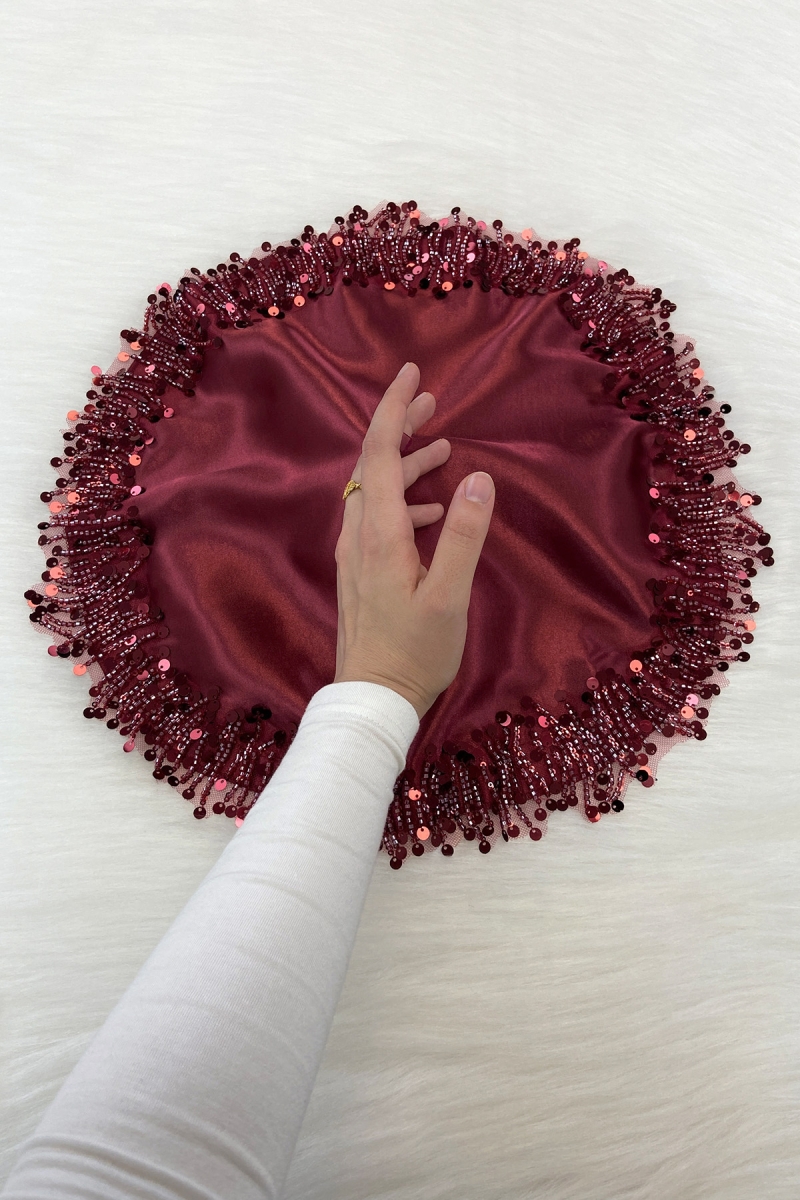 Bordo Gelin Damat Mendili, Işıl Işıl Pul Ve Boncuk İşlemeli, Düğün Kına Sünnet Söz Nişan Halay