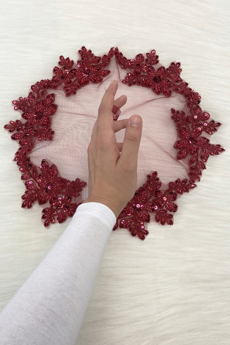 Bordo Gelin Damat Mendili, Işıl Işıl Pul Ve Boncuk İşlemeli, Düğün Kına Sünnet Söz Nişan Halay