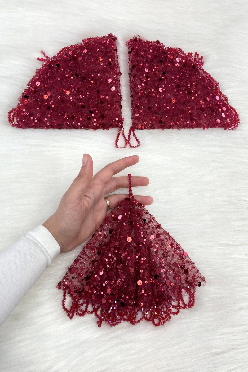 Bordo Gelin Damat Mendili Pul Payet İnci Ve Kristal Taş Detaylı Düğün Kına Sünnet Söz Nişan Halay