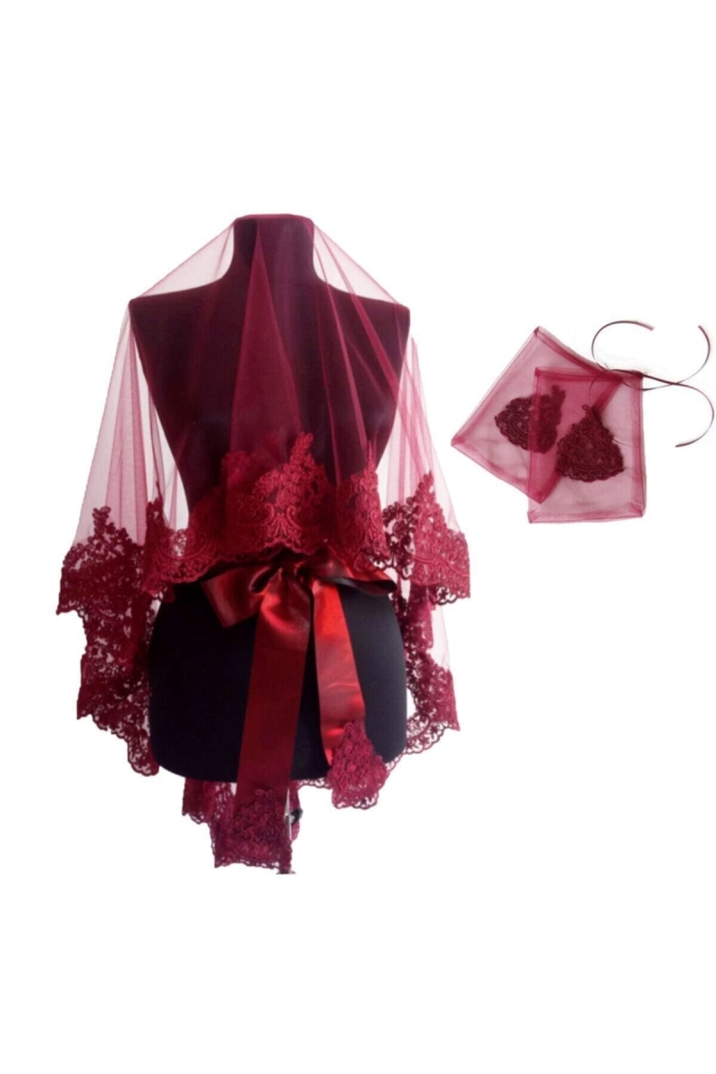 Bordo Gelin Duvak Eldiven Kuşak Tam Set Gelin Örtüsü