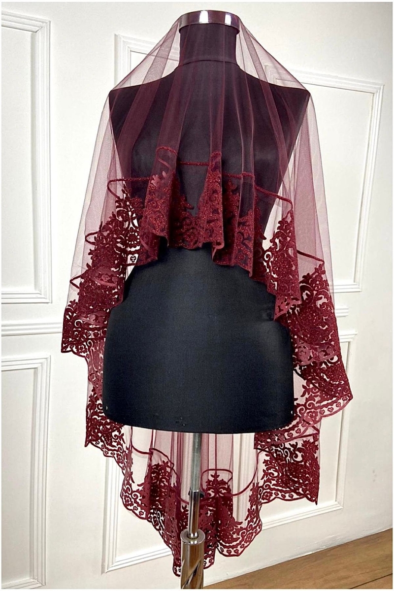 Bordo Gelin Duvak Kına Örtüsü Alı Seti Takım Flok Simli