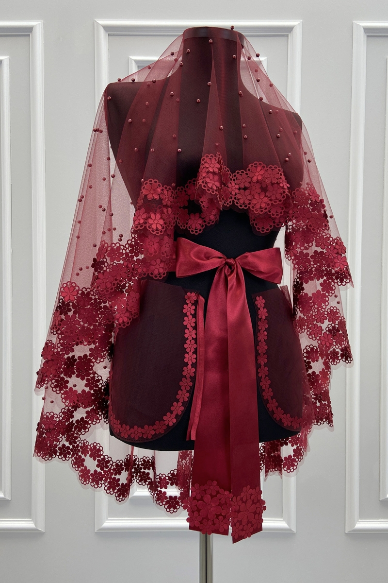 Bordo Gelin Duvak Seti, 3D Çiçek Ve İncili, Kına Gecesi Duvağı Yüz Örtüsü Seti 6 Parça