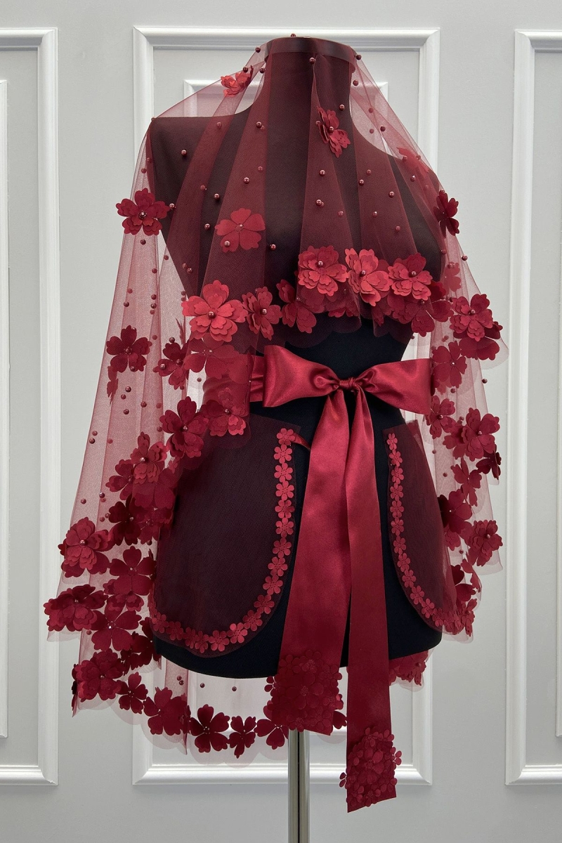 Bordo Gelin Duvak Seti, 3D Çiçek Ve İncili, Kına Gecesi Duvağı Yüz Örtüsü Seti 6 Parça