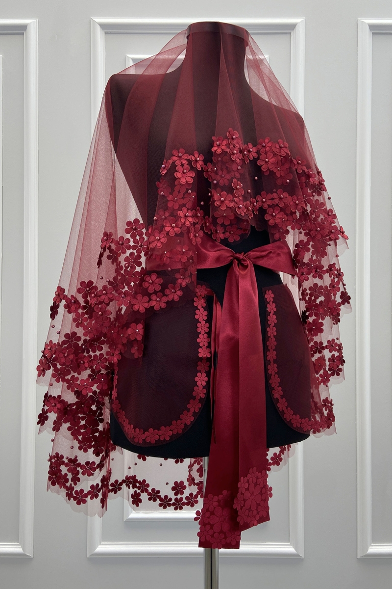 Bordo Gelin Duvak Seti, 3D Çiçek Ve İncili, Kına Gecesi Duvağı Yüz Örtüsü Seti 6 Parça