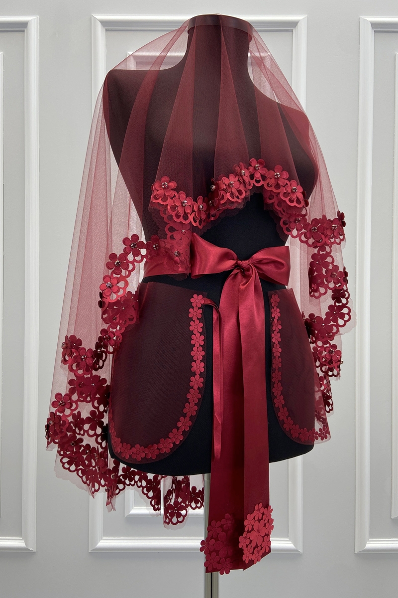 Bordo Gelin Duvak Seti, 3D Çiçek Ve Parlak Taşlı, Kına Gecesi Duvağı Yüz Örtüsü Seti 6 Parça