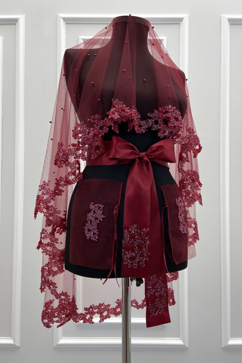 Bordo Gelin Duvak Seti, Cam Boncuk Ve İncili, Kına Gecesi Duvağı Yüz Örtüsü Seti 6 Parça