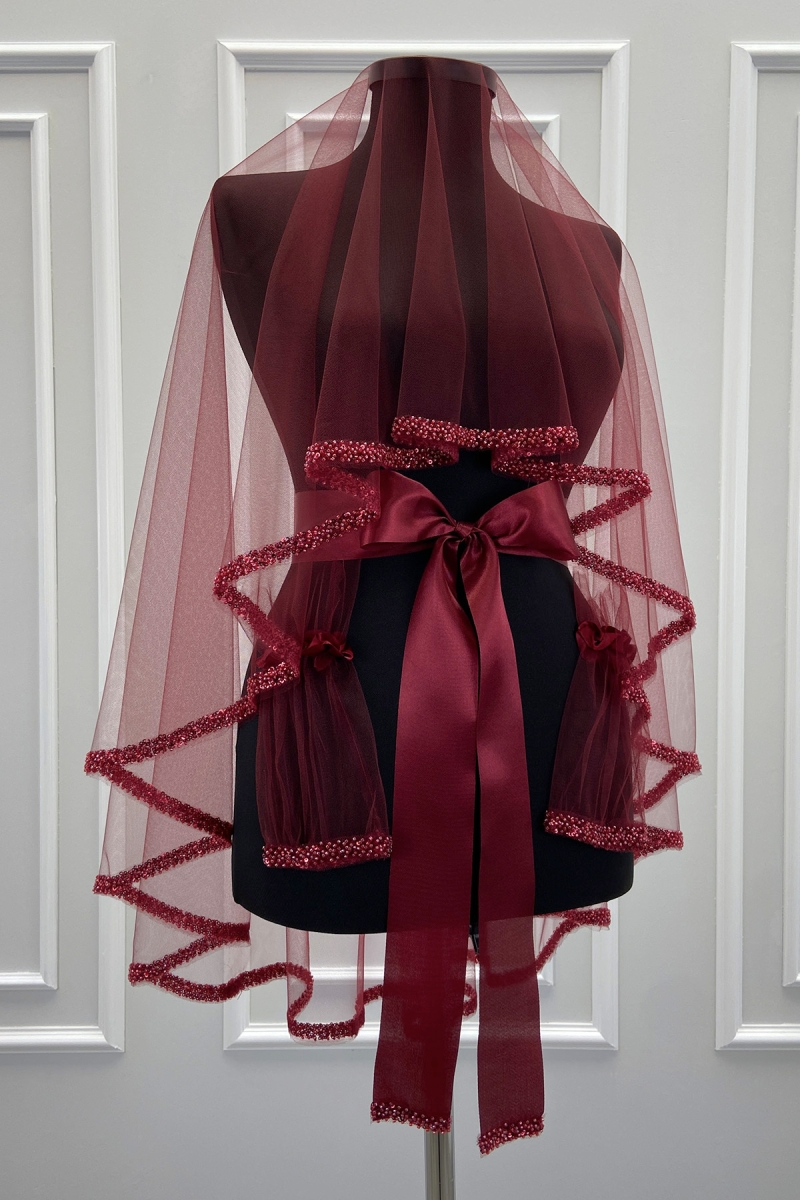 Bordo Gelin Duvak Seti, Cam Boncuk Ve İncili, Kına Gecesi Duvağı Yüz Örtüsü Seti 6 Parça