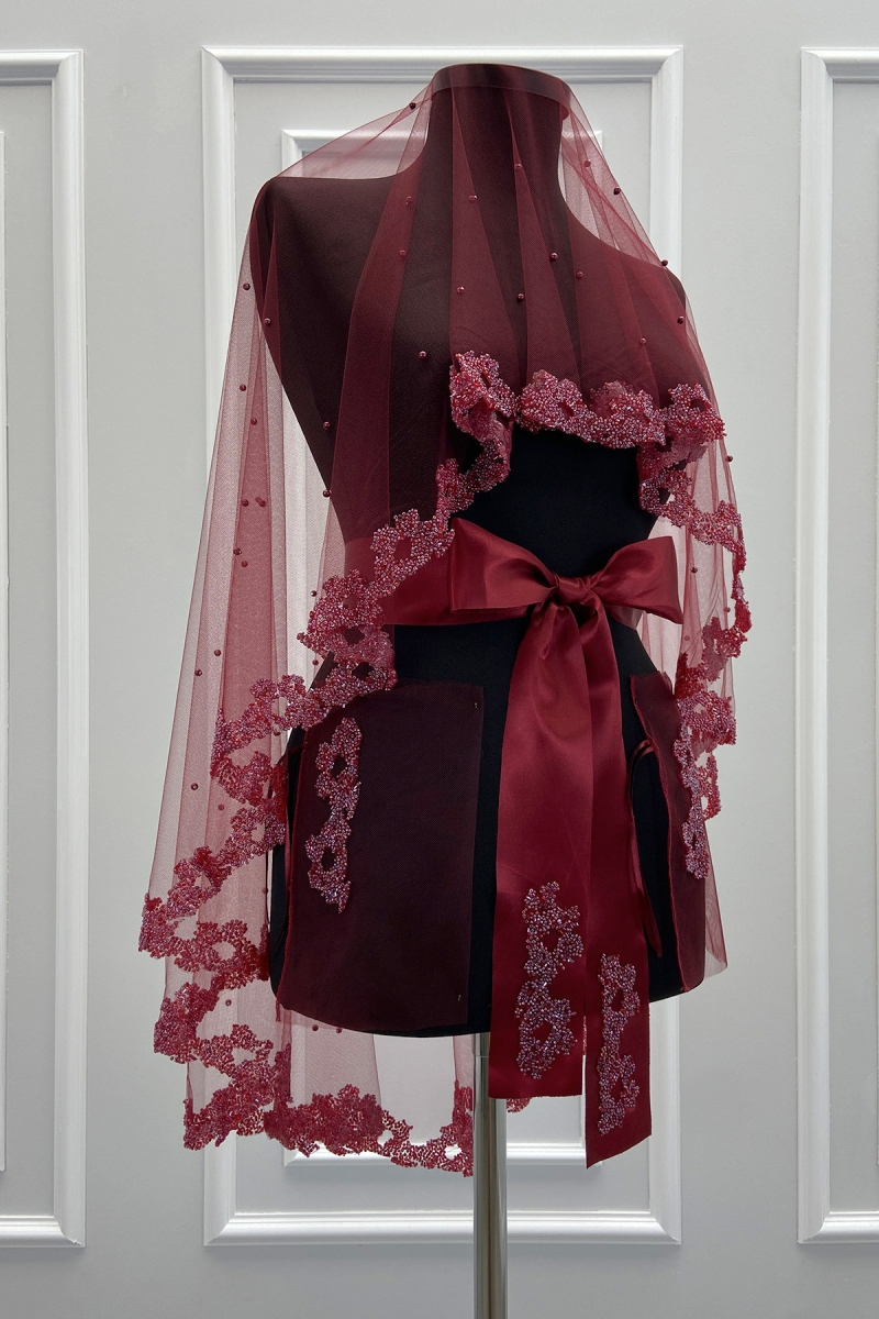 Bordo Gelin Duvak Seti, Cam Boncuk Ve İncili, Kına Gecesi Duvağı Yüz Örtüsü Seti 6 Parça