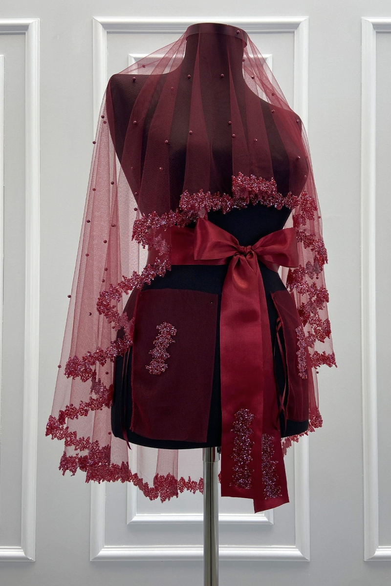 Bordo Gelin Duvak Seti, Cam Boncuk Ve İncili, Kına Gecesi Duvağı Yüz Örtüsü Seti 6 Parça