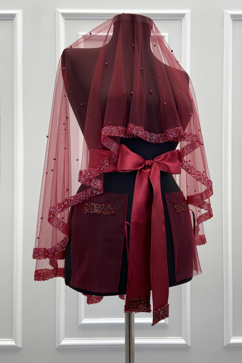 Bordo Gelin Duvak Seti, Cam Boncuk Ve İncili, Kına Gecesi Duvağı Yüz Örtüsü Seti 6 Parça