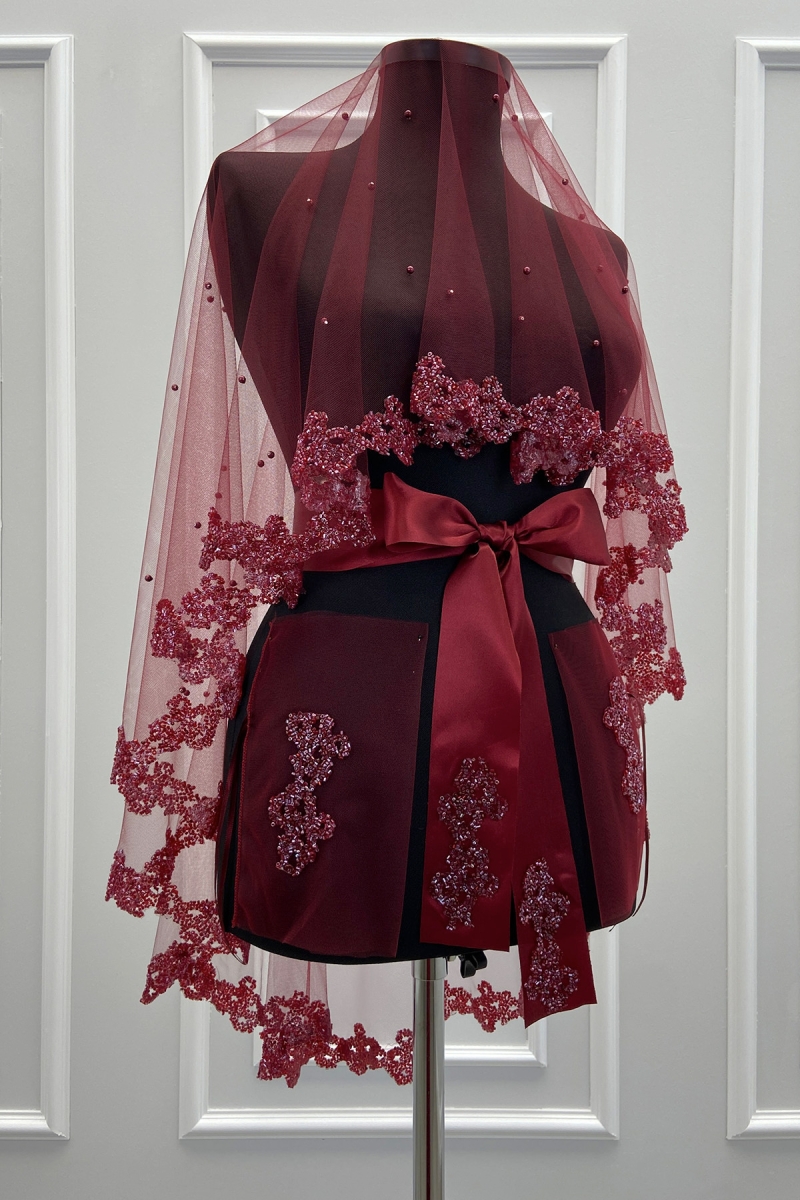 Bordo Gelin Duvak Seti, Cam Boncuk Ve İncili, Kına Gecesi Duvağı Yüz Örtüsü Seti 6 Parça