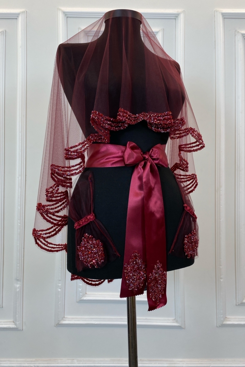 Bordo Gelin Duvak Seti, Cam Boncuk Ve Pul Baskılı Kına Duvağı Seti 6 Parça