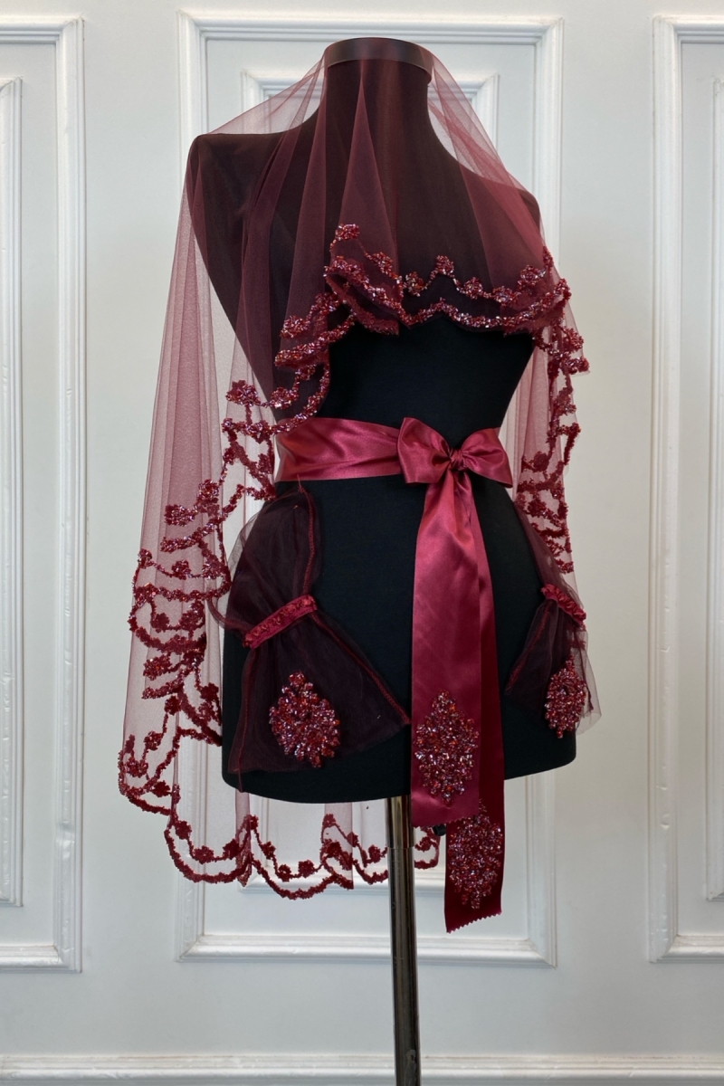 Bordo Gelin Duvak Seti, Cam Boncuk Ve Pul Baskılı Kına Duvağı Seti 6 Parça