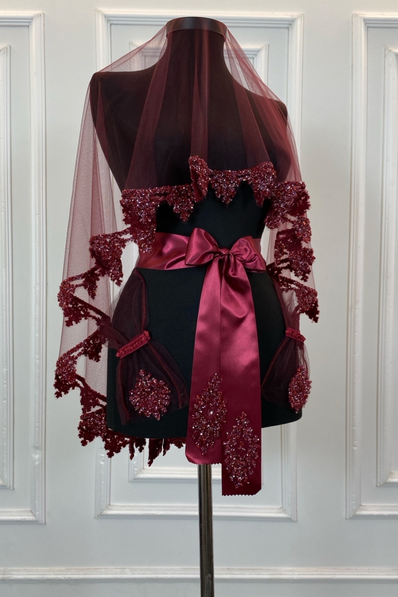 Bordo Gelin Duvak Seti, Cam Boncuk ve Pul Baskılı Kına Duvağı Seti 6 Parça