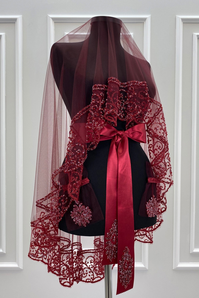 Bordo Gelin Duvak Seti, Cam Boncuk ve Pul Baskılı Kına Duvağı Seti 6 Parça