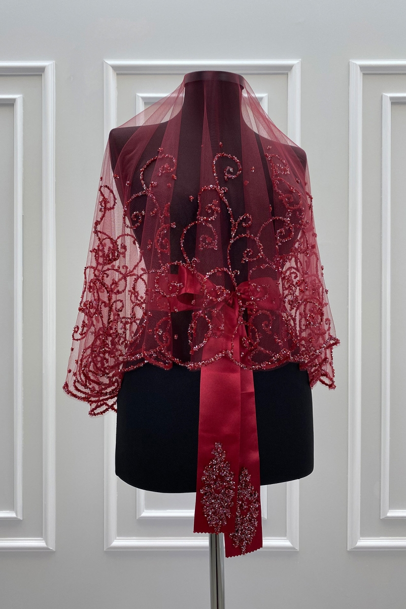 Bordo Gelin Duvak Seti, Cam Boncuk ve Pul Baskılı Kına Duvağı Seti 6 Parça